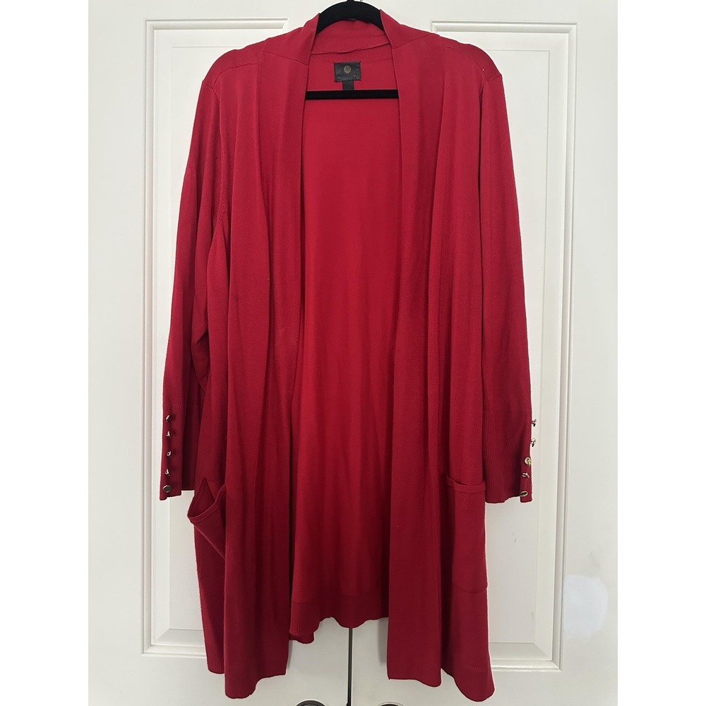 JM Collection Cardigan Sweater Womens 3X Red‎ Knit Longline Open Front Pockets